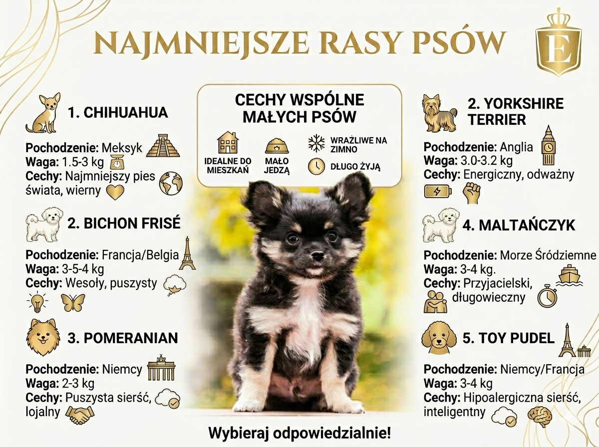 Infografika przedstawiająca najmniejsze rasy psów, w tym chihuahua, yorkshire terriera, bichon frisé, maltańczyka, pomeraniana i toy pudla wraz z ich wagą, pochodzeniem oraz najważniejszymi cechami charakteru i wyglądu.